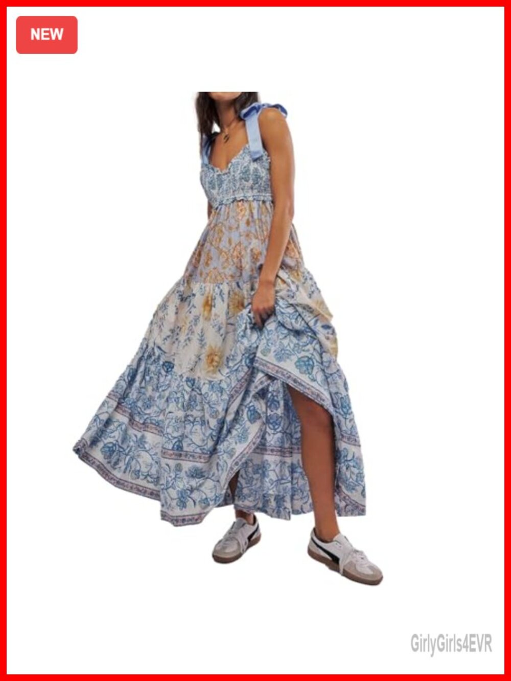 Floral Maxi Dress Smocked Tie Shoulder Flowy Boho Sundress with Pockets